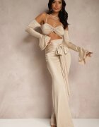 allyson Set Bej Fustă Mulată cu Trenă și Top cu Mâneci cu Volănaș Adivaria