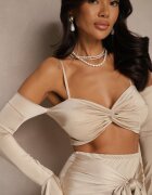 allyson Set Bej Fustă Mulată cu Trenă și Top cu Mâneci cu Volănaș Adivaria