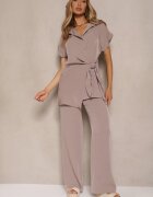allyson Set Bej închis cu pantaloni cu croială largă și cămașă cu legătură decorativă Filaniella