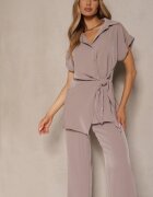 allyson Set Bej închis cu pantaloni cu croială largă și cămașă cu legătură decorativă Filaniella