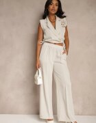 allyson Set Bej Pantaloni cu croială largă și Bluză petrecută cu elastic Reavilora