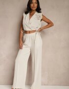 allyson Set Bej Pantaloni cu croială largă și Bluză petrecută cu elastic Reavilora