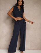 allyson Set bleumarin Pantaloni cu croială largă și Bluză petrecută cu elastic Reavilora
