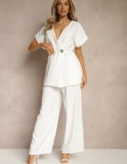 allyson Set de costum Alb Pantaloni largi și Sacou cu curea Solsedi