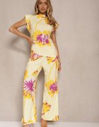 allyson Set Galben Bluză Încrețită cu Croi Asimetric și Pantaloni Largi cu Imprimeu Floral Linidia