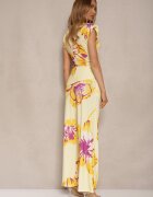 allyson Set Galben Bluză Încrețită cu Croi Asimetric și Pantaloni Largi cu Imprimeu Floral Linidia