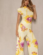 allyson Set Galben Bluză Încrețită cu Croi Asimetric și Pantaloni Largi cu Imprimeu Floral Linidia