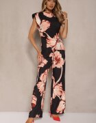 allyson Set Negru Bluză încrețită cu croi asimetric și Pantaloni Largi cu flori Linidia