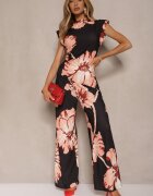 allyson Set Negru Bluză încrețită cu croi asimetric și Pantaloni Largi cu flori Linidia