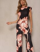 allyson Set Negru Bluză încrețită cu croi asimetric și Pantaloni Largi cu flori Linidia