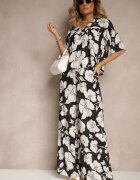 allyson Set Negru cu Imprimeu Floral Cămașă cu Mânecă Scurtă și Pantaloni Largi Revanae
