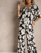 allyson Set Negru cu Imprimeu Floral Cămașă cu Mânecă Scurtă și Pantaloni Largi Revanae