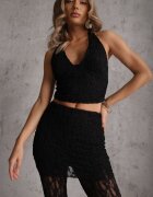 allyson Set Negru din Dantelă Top Halter și Pantaloni Decorați cu Fustă Integrată Celanix