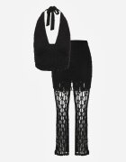 allyson Set Negru din Dantelă Top Halter și Pantaloni Decorați cu Fustă Integrată Celanix