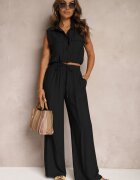 allyson Set Negru din Viscoză Pantaloni cu croială largă cu elastic în talie Bluză cu buzunare Risellesma