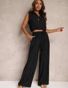 allyson Set Negru din Viscoză Pantaloni cu croială largă cu elastic în talie Bluză cu buzunare Risellesma
