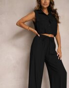 allyson Set Negru din Viscoză Pantaloni cu croială largă cu elastic în talie Bluză cu buzunare Risellesma