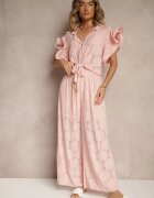 allyson Set Roz Ajurat Bluză stil cămașă și Pantaloni cu picior larg Linaniria