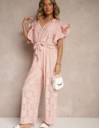 allyson Set Roz Ajurat Bluză stil cămașă și Pantaloni cu picior larg Linaniria