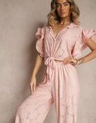 allyson Set Roz Ajurat Bluză stil cămașă și Pantaloni cu picior larg Linaniria