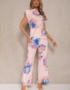 allyson Set Roz Bluză încrețită cu Croi Asimetric și Pantaloni Largi cu Flori Linidia