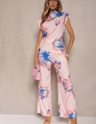 allyson Set Roz Bluză încrețită cu Croi Asimetric și Pantaloni Largi cu Flori Linidia