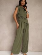 allyson Set Verde închis Bluză cu pernuțe la umeri și Pantaloni drepți cu elastic în talie Divanes