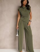 allyson Set Verde închis Bluză cu pernuțe la umeri și Pantaloni drepți cu elastic în talie Divanes
