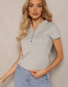 alnwick Tricou Gri din Bumbac cu Nasturi la Decolteu Wialina