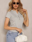alnwick Tricou Gri din Bumbac cu Nasturi la Decolteu Wialina