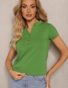 alnwick Tricou verde din bumbac cu nasturi la decolteu Wialina