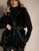alnwick Vestă Neagră Blană cu Glugă și Buzunare Legată în Talie Jackiena