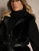 alnwick Vestă Neagră Blană cu Glugă și Buzunare Legată în Talie Jackiena