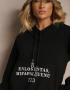 ambitionfly Bluza Neagră cu Croi Clasic cu Glugă și Buzunar Firloti