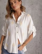ambitionfly Cămașă Albă de Vâscoză cu spatele prelungit broderie și mâneci cu bride Sophora