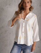 ambitionfly Cămașă Albă de Vâscoză cu spatele prelungit broderie și mâneci cu bride Sophora