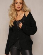 ambitionfly Cardigan Negru cu Mânecă Lungă și Model Împletit Încheiat cu Nasturi Relipma
