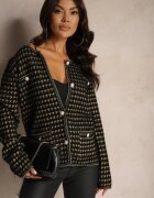 ambitionfly Cardigan Tweed Negru cu Model Elegant cu Nasturi Decorativi Zemirae
