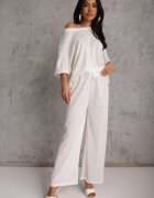 ambitionfly Compleu Oversize Alb Zdobit cu Pietre Tricou și Pantaloni Arnateia