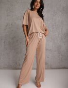 ambitionfly Compleu Oversize Bej Decorat cu Strassuri Tricou și Pantaloni Arnateia