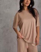 ambitionfly Compleu Oversize Bej Decorat cu Strassuri Tricou și Pantaloni Arnateia