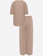 ambitionfly Compleu Oversize Bej Decorat cu Strassuri Tricou și Pantaloni Arnateia