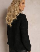 ambitionfly Pulover Negru Clasic cu împletitură modernă finisat cu manșete Viala