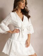 ambitionfly Rochie Albă de Bumbac cu Legătură la Decolteu și cu Model Ajurat Falrisa