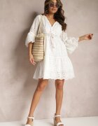 ambitionfly Rochie Albă de Bumbac cu Legătură la Decolteu și cu Model Ajurat Falrisa