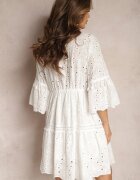 ambitionfly Rochie Albă de Bumbac cu Legătură la Decolteu și cu Model Ajurat Falrisa