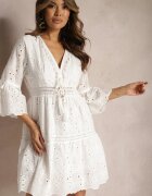 ambitionfly Rochie Albă de Bumbac cu Legătură la Decolteu și cu Model Ajurat Falrisa