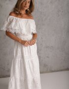 ambitionfly Rochie Albă Din Bumbac Stil Spaniolă Brodată Maxi Cu Volane și Dantelă Telavia