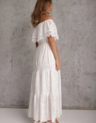 ambitionfly Rochie Albă Din Bumbac Stil Spaniolă Brodată Maxi Cu Volane și Dantelă Telavia