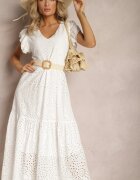 ambitionfly Rochie Albă Evazată din Bumbac Maxi cu Broderie Ajurată și Volane Reflecia